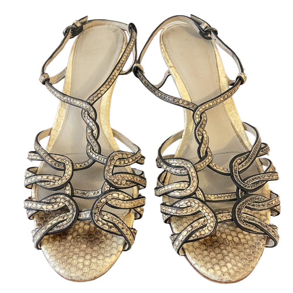 Elie Tahari - snake skin, beige/brown, kitten wedge, woven front, size 9